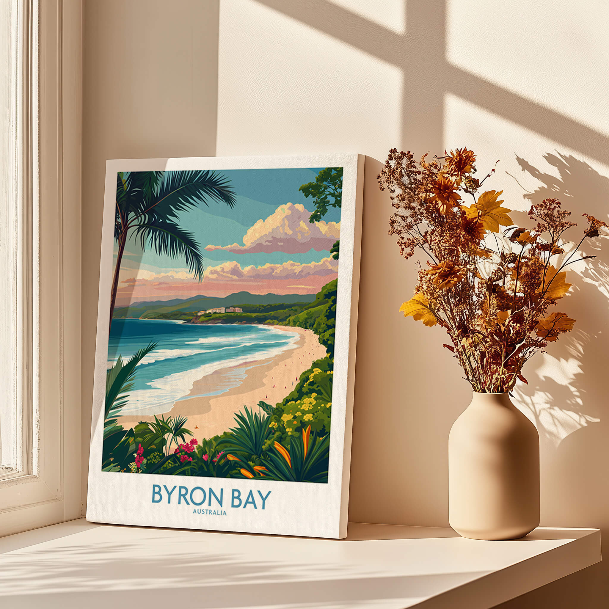 Byron Bay Poster - Australia Wall Art featuring a scenic coastal view of Byron Bay with lush greenery and soft waves.