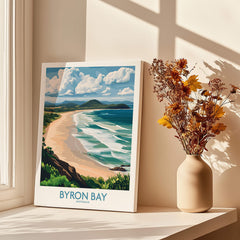 Byron Bay Wall Art Print Australia showcasing a vibrant coastal scene with waves, beaches, and lush greenery.