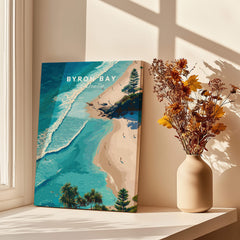 Byron Bay Art Print featuring a vibrant aerial view of the coastline with turquoise waters and lush greenery.