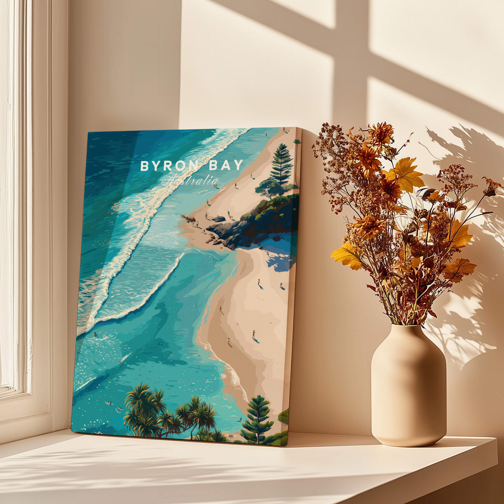 Byron Bay Art Print featuring a vibrant aerial view of the coastline with turquoise waters and lush greenery.
