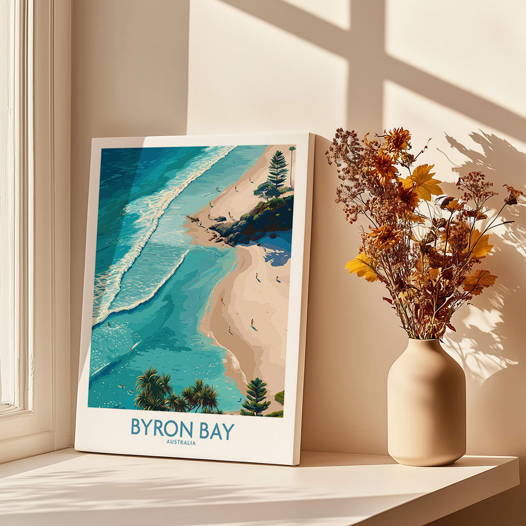 Byron Bay Beach Australia Canvas Art Print showcasing turquoise waters and sandy shores in a sunlit room.