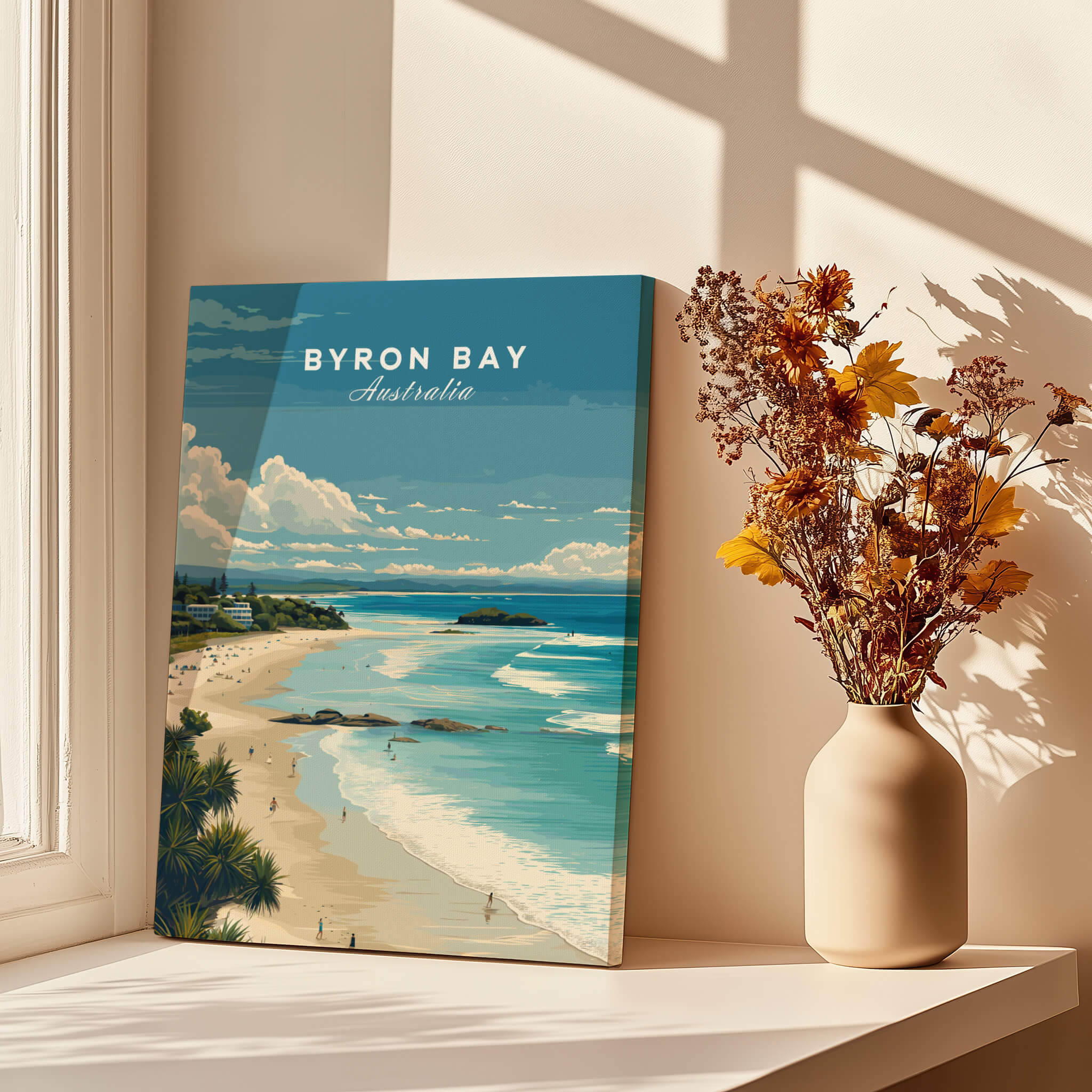 Byron Bay Poster - Canvas Beach Print featuring a beautiful coastal scene in a sunlit room.