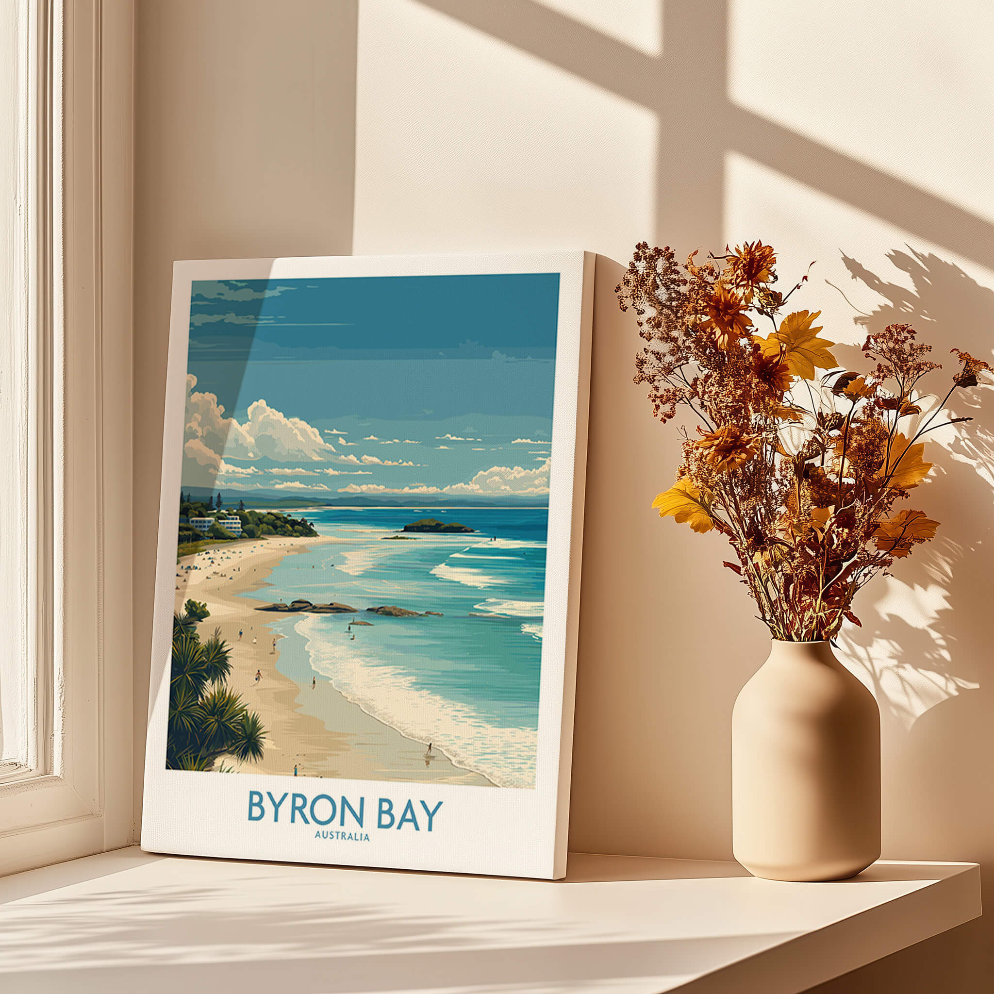 Byron Bay Wall Art Australia Travel Print showcasing the scenic beach and lighthouse in a bright, inviting setting.