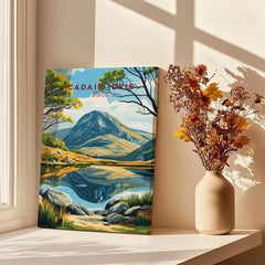 Canvas print of Cadair Idris mountain reflection art on window ledge with vase of dried flowers