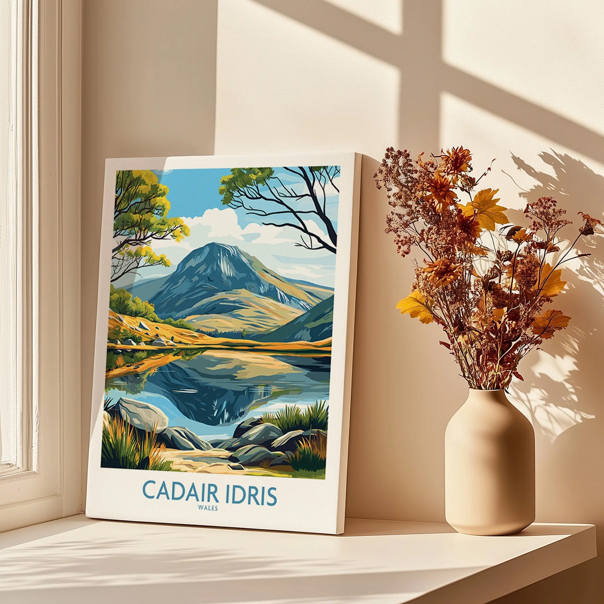 Canvas print of Cadair Idris landscape, next to dried flowers on sunlit window sill