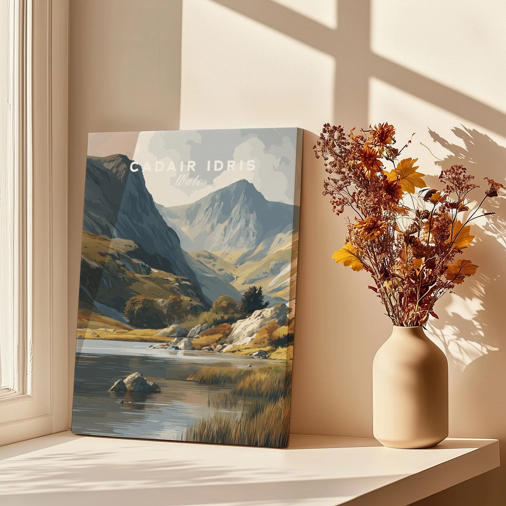 Canvas wall art of Cadair Idris landscape by window, vase with dried flowers, natural light