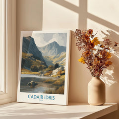 Canvas wall art of Cadair Idris mountain in Wales by a window with a vase of dried flowers
