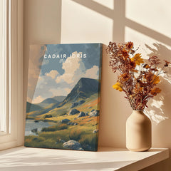 Canvas print of Cadair Idris mountain landscape beside vase of dried flowers on sunlit windowsill