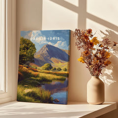 Canvas print of Cadair Idris landscape by a window with dried flowers in a vase