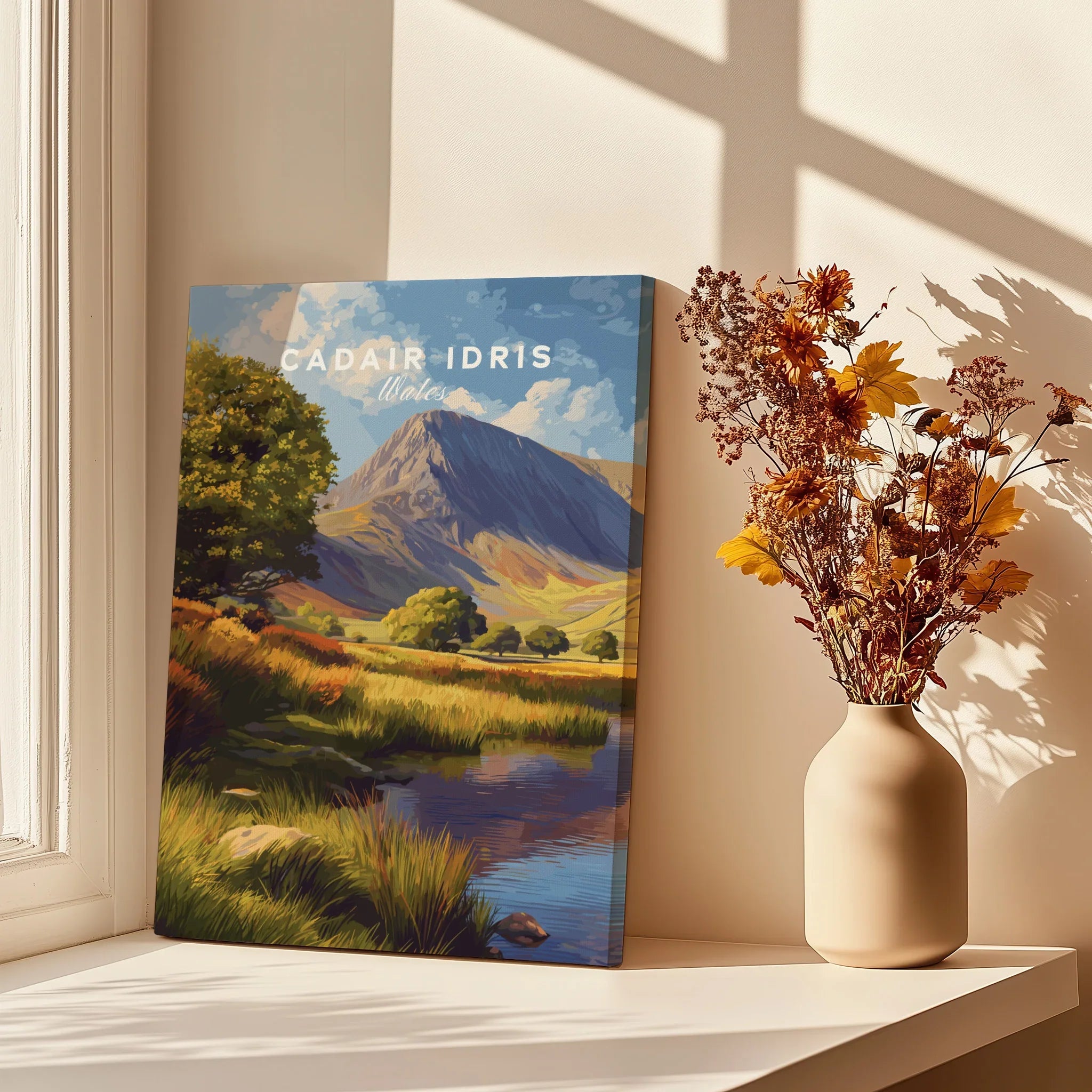 Canvas print of Cadair Idris landscape by a window with dried flowers in a vase