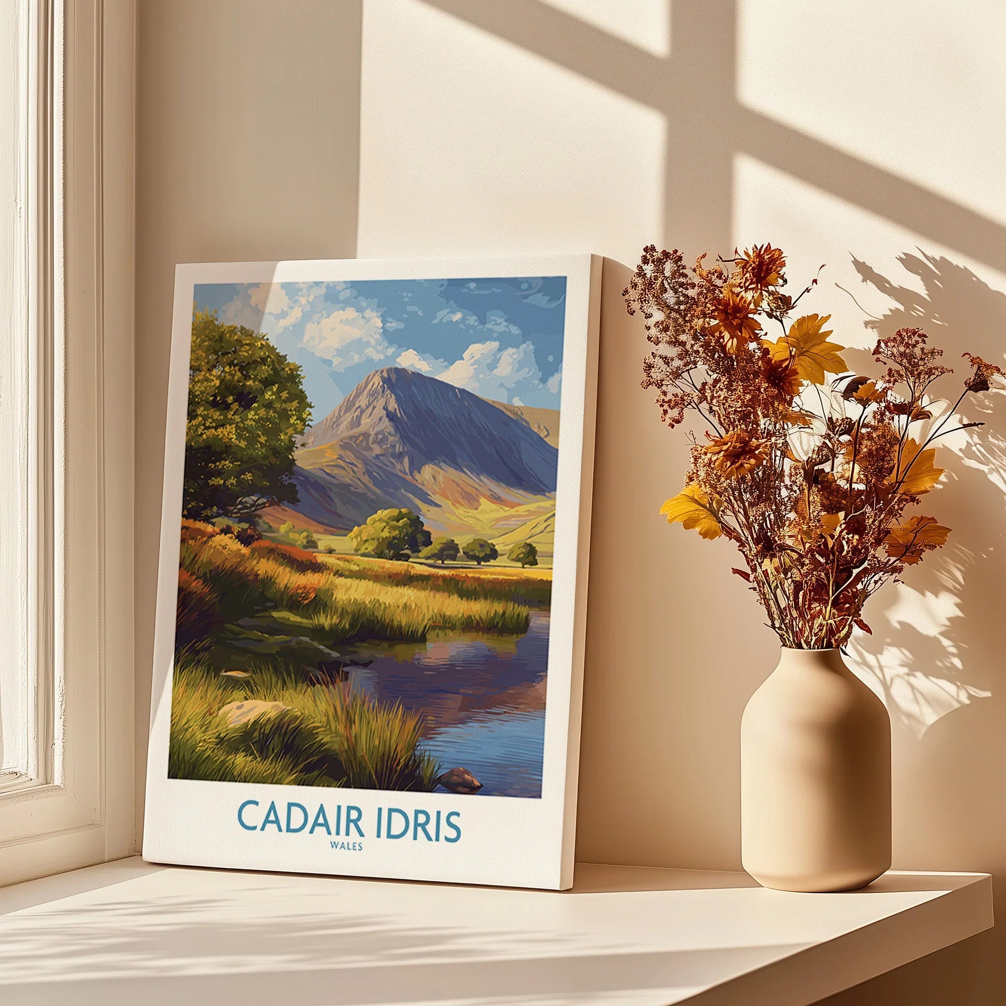 Canvas print of Cadair Idris Wales landscape on a windowsill with vase of dried flowers