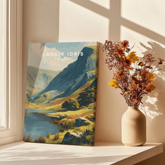 Canvas print of Cadair Idris Wales landscape on windowsill with autumn flowers in vase