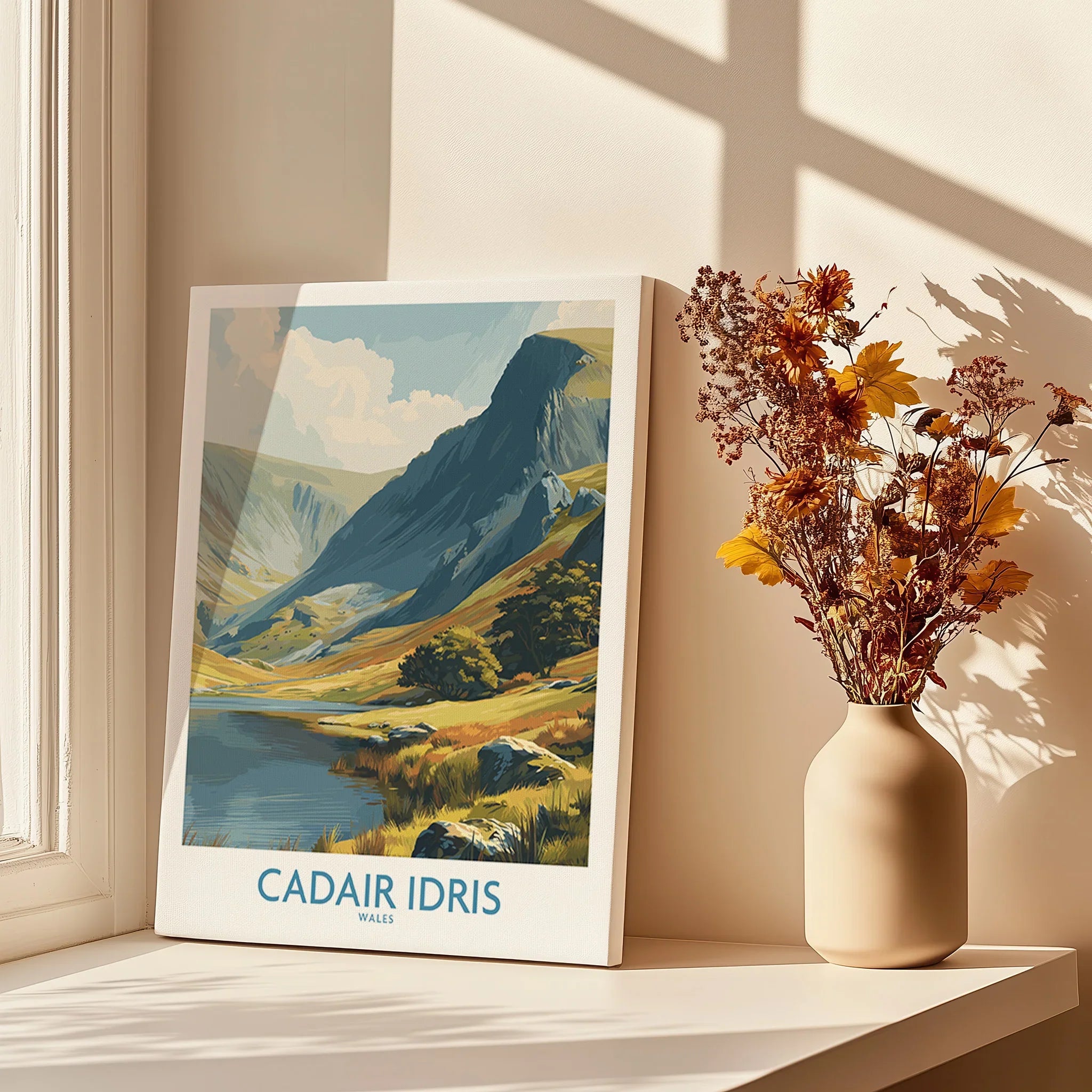 Canvas print of Cadair Idris Wales mountain landscape on windowsill with vase of dried flowers
