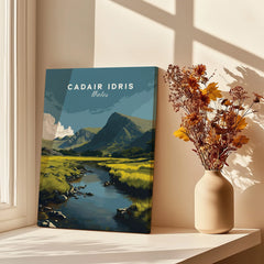 Canvas print of Cadair Idris Wales landscape by window with vase of dried flowers