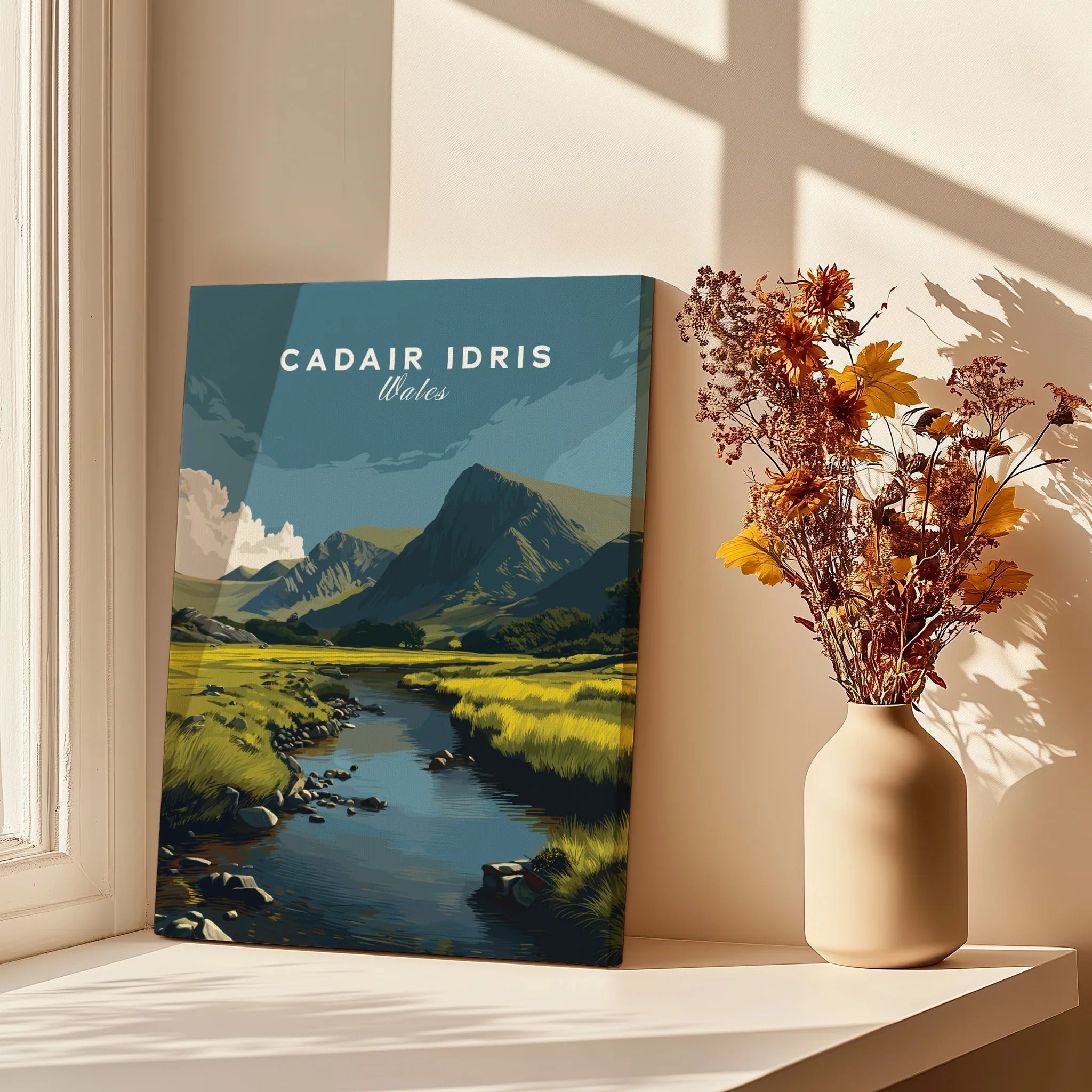 Canvas print of Cadair Idris Wales landscape by window with vase of dried flowers