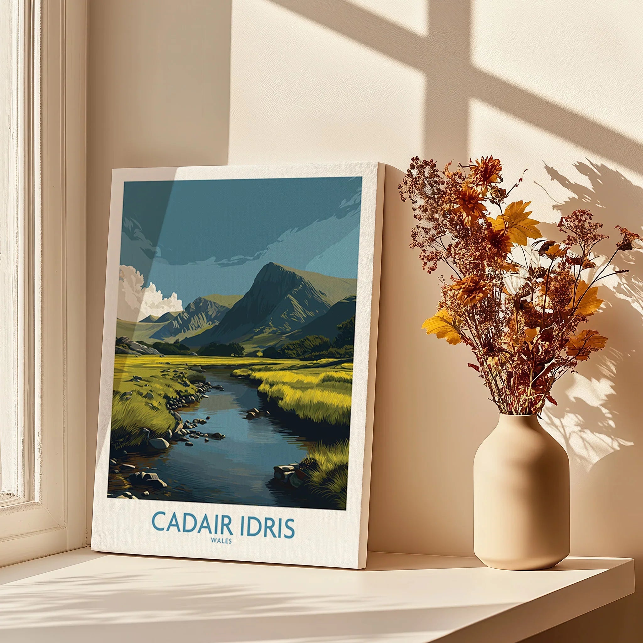 Canvas print of Cadair Idris Wales landscape beside vase with dried flowers in sunlight.