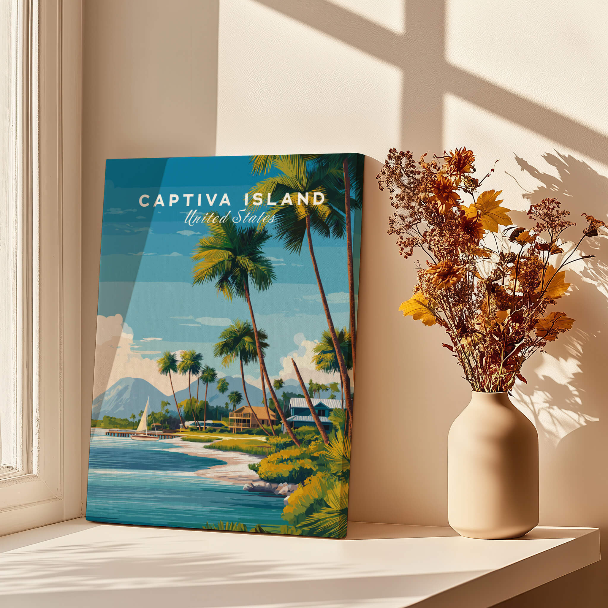 Captiva Island Travel Poster – Florida Beach Houses and Palm Trees Art displayed in a sunlit room with a vase of flowers.