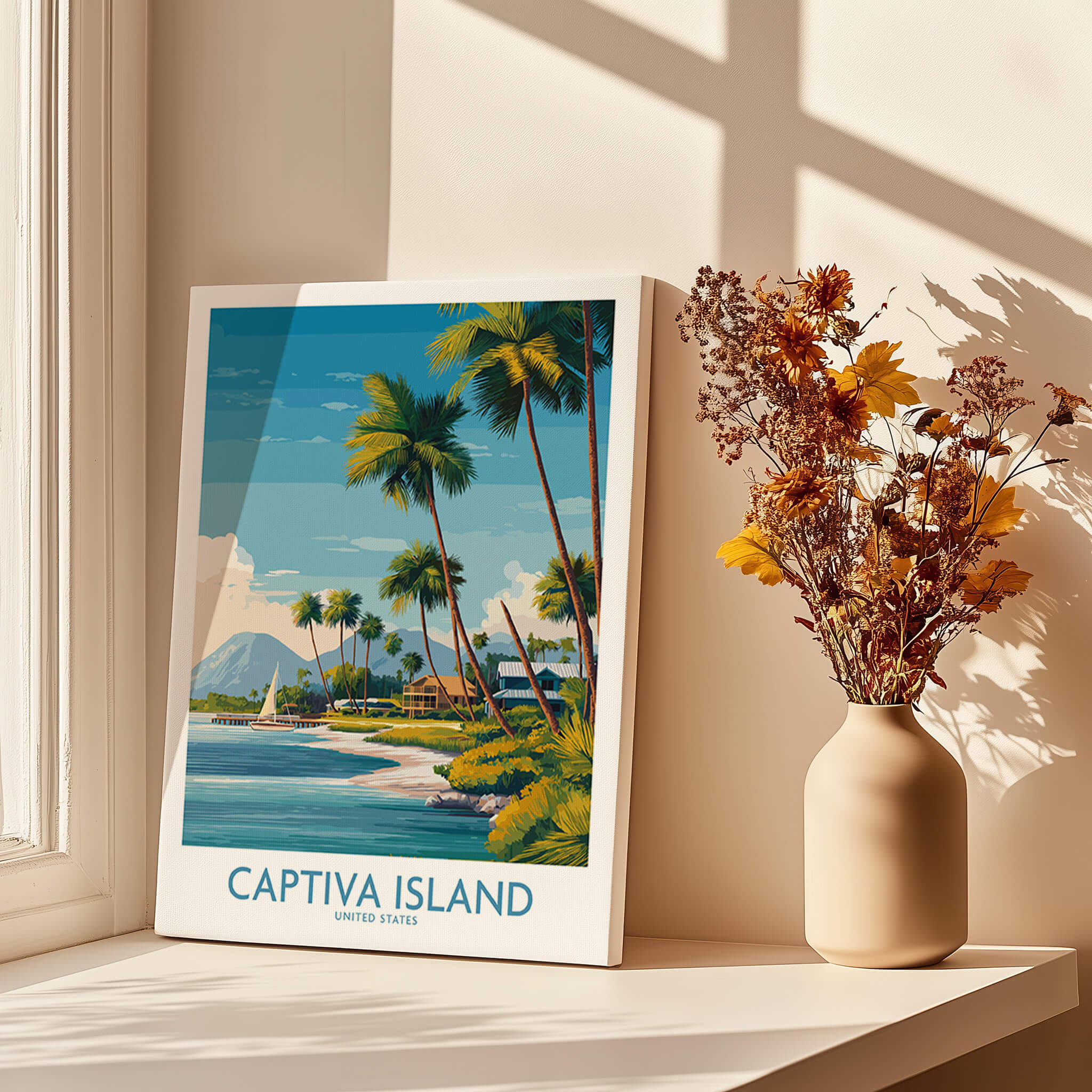 Captiva Island Florida Wall Art – Tropical Coastline and Sailboat Decor featuring palm trees and a beautiful coastline.