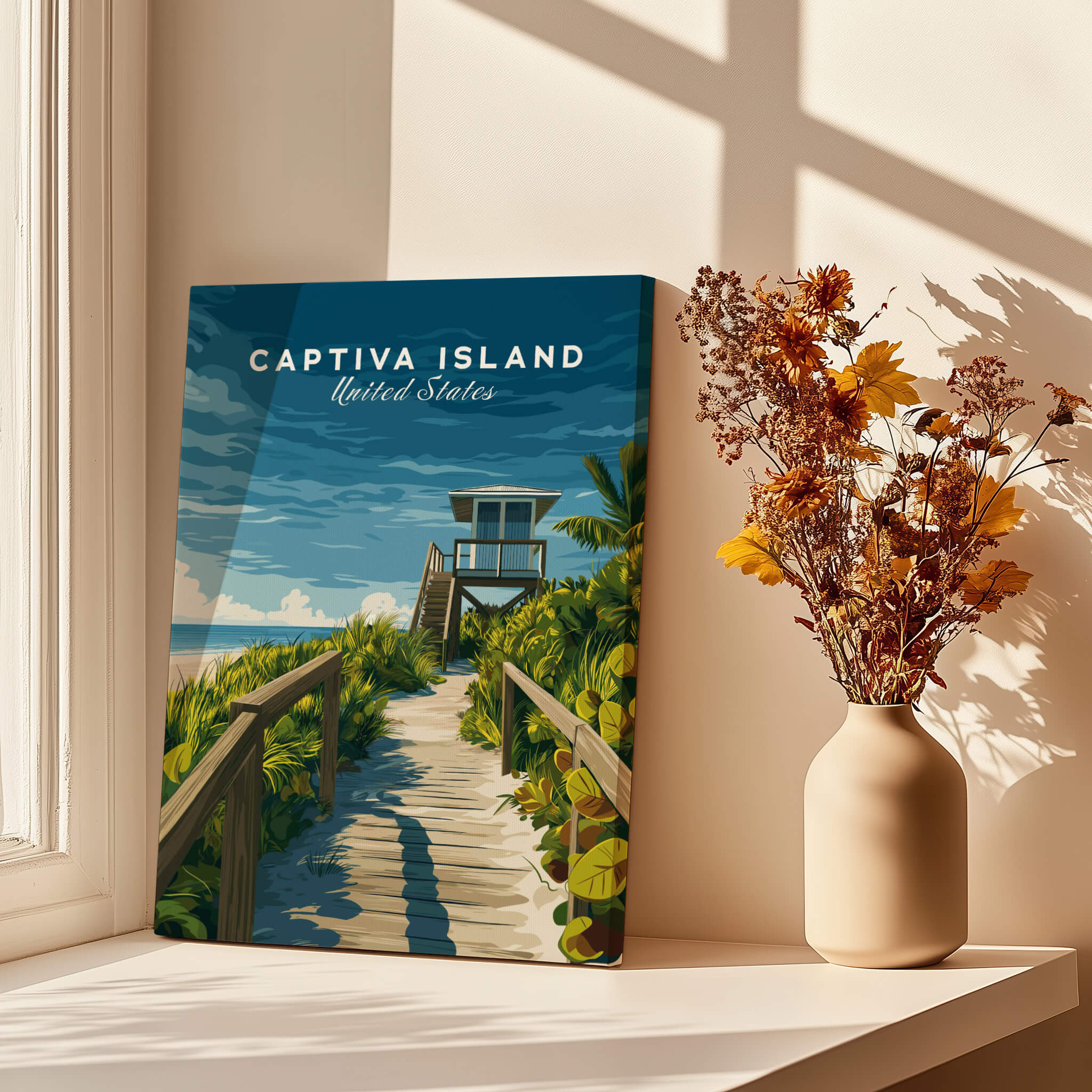 Captiva Island Poster – Florida Beach Print featuring a scenic pathway to the beach with a lifeguard tower.