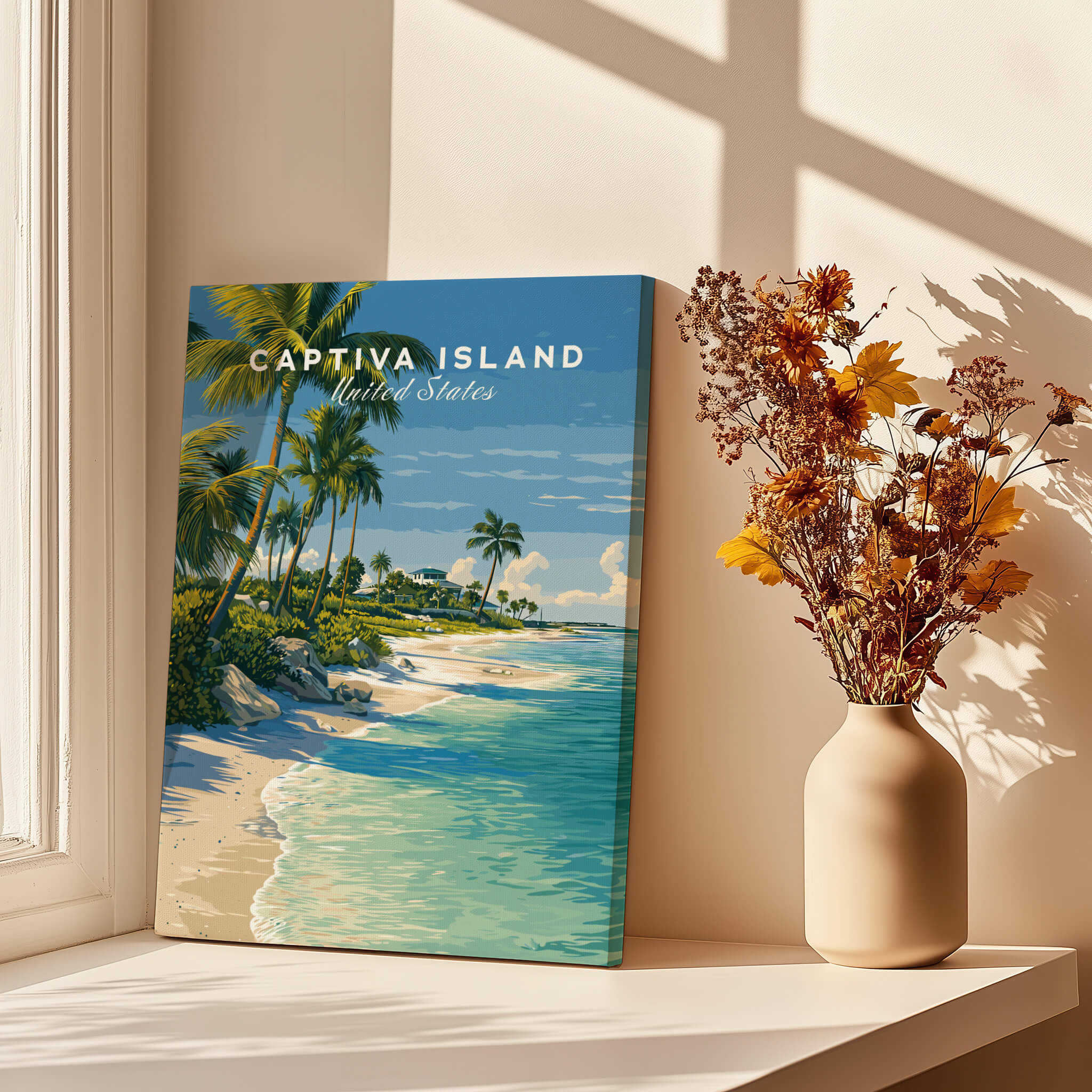 Captiva Island Travel Poster – White Sand Beach and Turquoise Water Art displayed in a sunny interior setting.