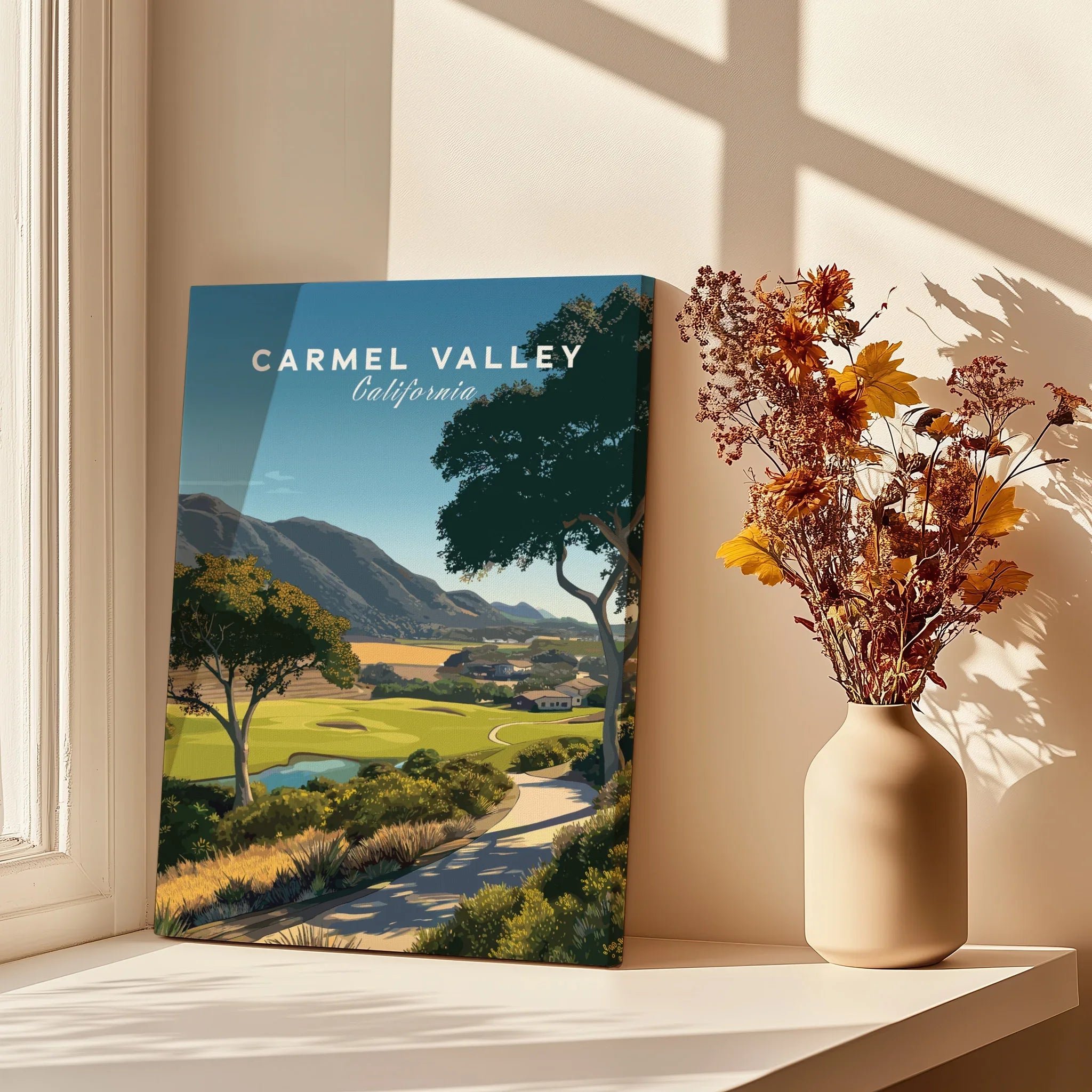Carmel Valley California canvas print on windowsill with sunlight and vase of dried flowers
