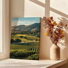 Carmel Valley California travel poster print on windowsill with shadows and dried flowers