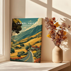Carmel Valley California travel poster canvas print on windowsill with vase of dried flowers