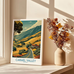 Carmel Valley California travel poster canvas on windowsill with dried flowers in vase