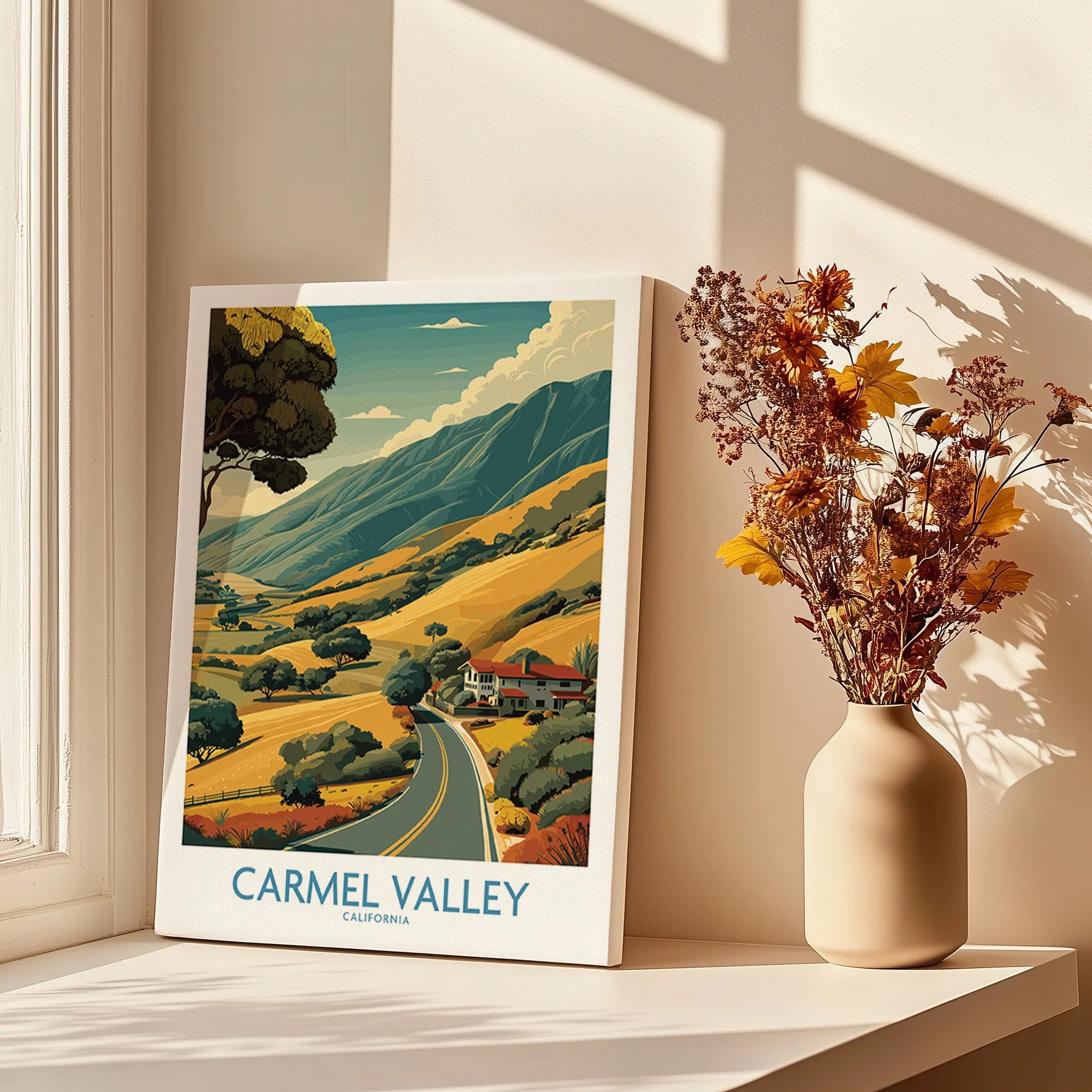 Carmel Valley California travel poster canvas on windowsill with dried flowers in vase