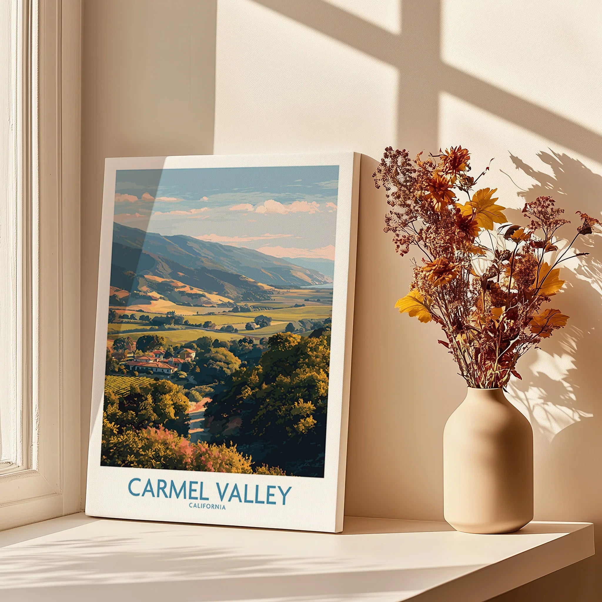 Carmel Valley California wall art print by a sunlit window beside a vase of dried flowers