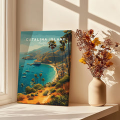 Catalina Island travel poster canvas by a window with shadows and a vase of dried flowers