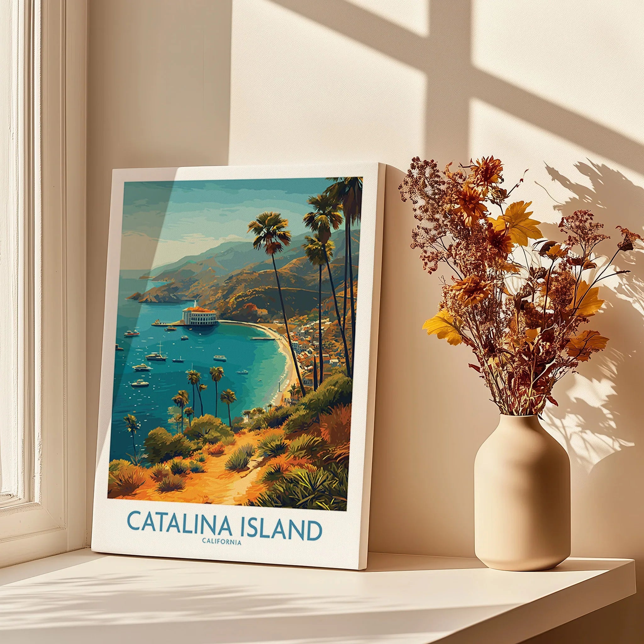 Canvas print of Catalina Island travel poster by window with vase of dried flowers