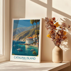 Catalina Island travel poster canvas print by window with shadows and vase of dried flowers