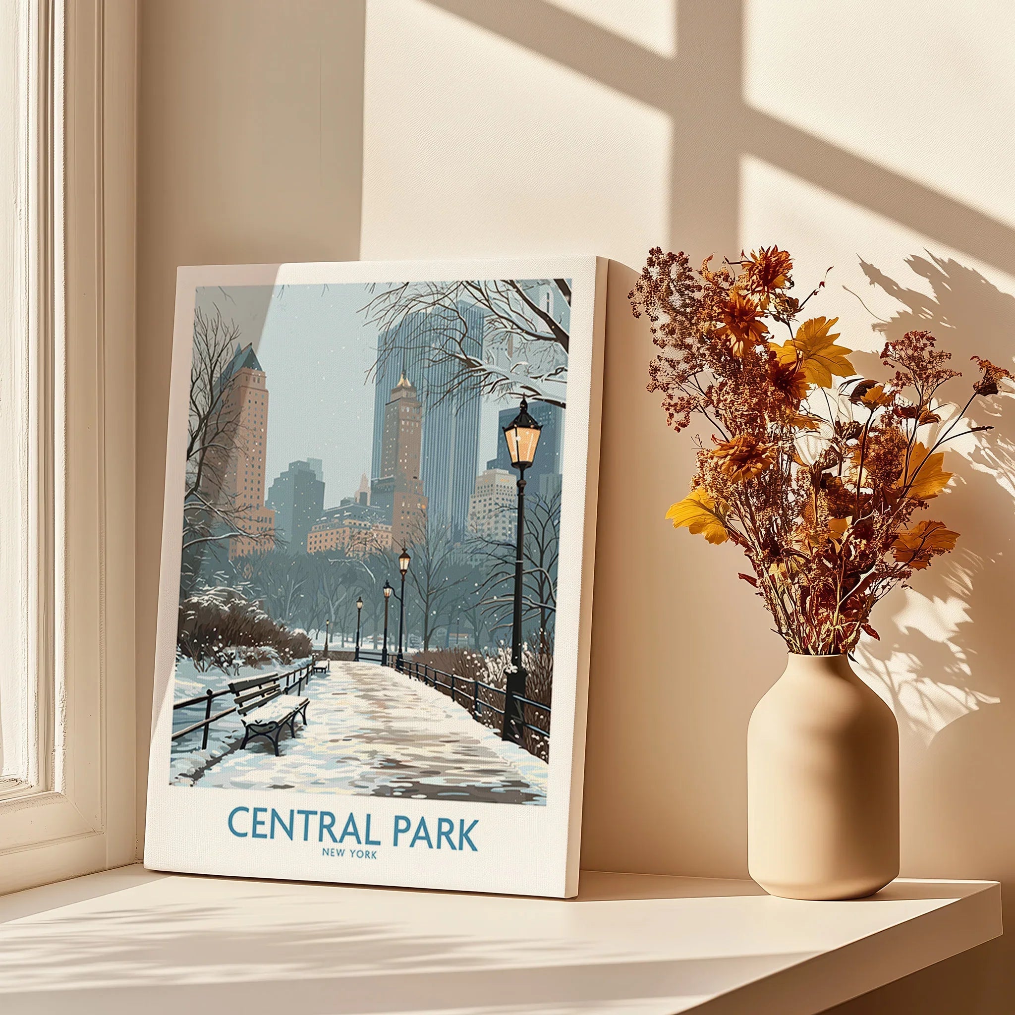 Central Park cityscape print on windowsill with vase of dried flowers, home decor art