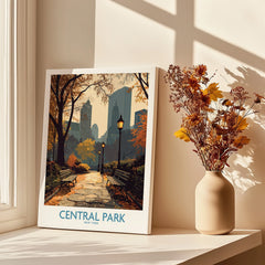 Central Park art print on windowsill with autumn flowers and city skyline wall decor