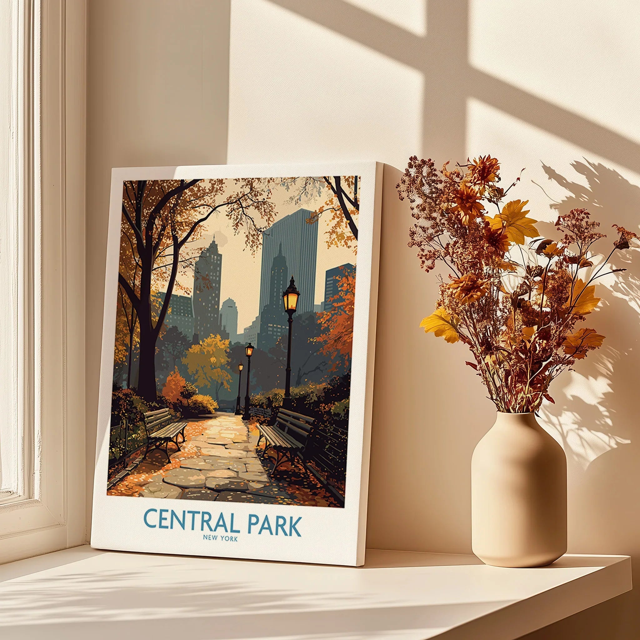 Central Park art print on windowsill with autumn flowers and city skyline wall decor