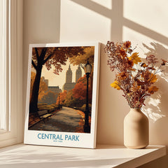 Central Park New York art print with city skyline and autumn trees on a sunny windowsill