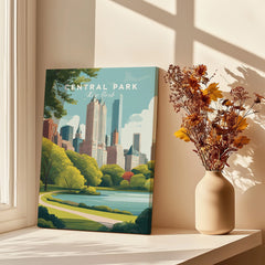 Central Park New York canvas print displayed by a window with autumn flowers in a vase
