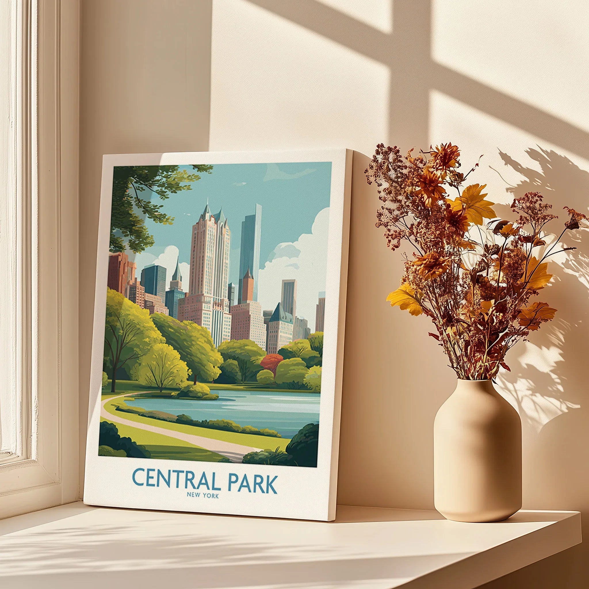 Central Park New York wall art print in sunlight next to vase with autumn flowers