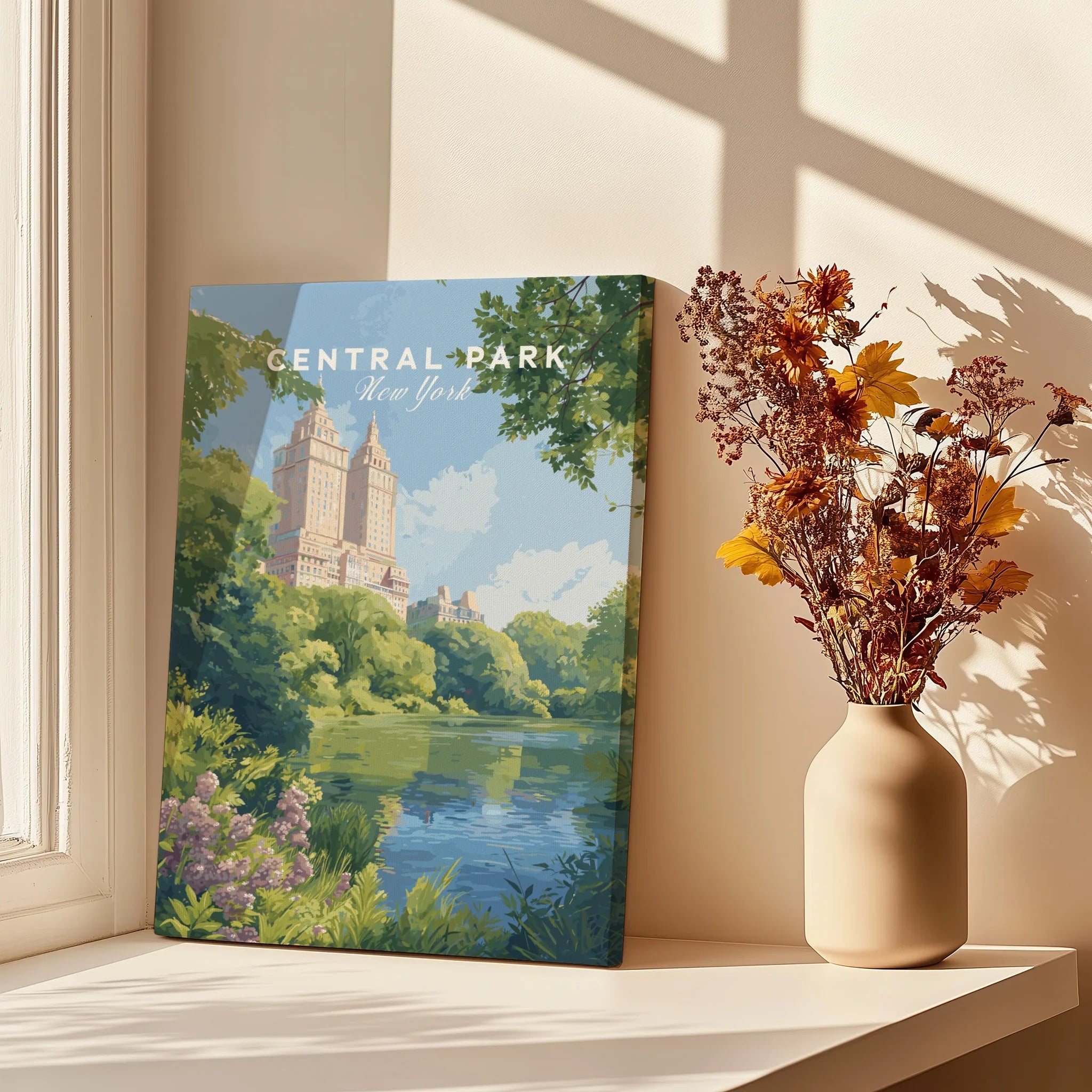 Central Park New York canvas art print on windowsill with vase of dried flowers and shadows