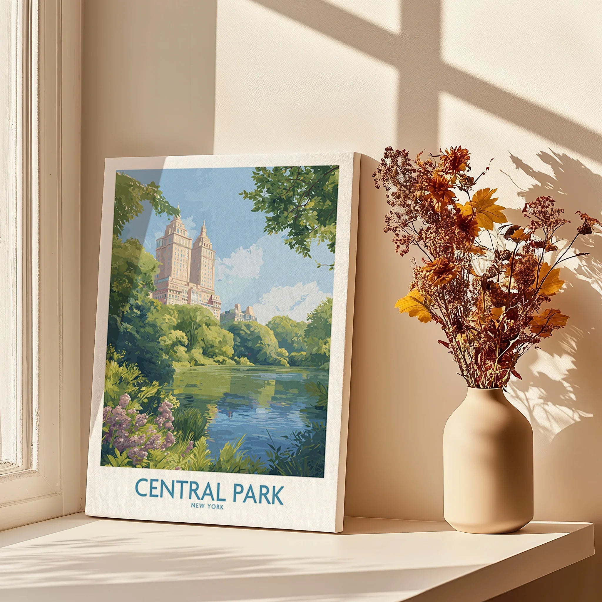 Central Park canvas art print by window, autumn flowers in vase, cityscape wall decor