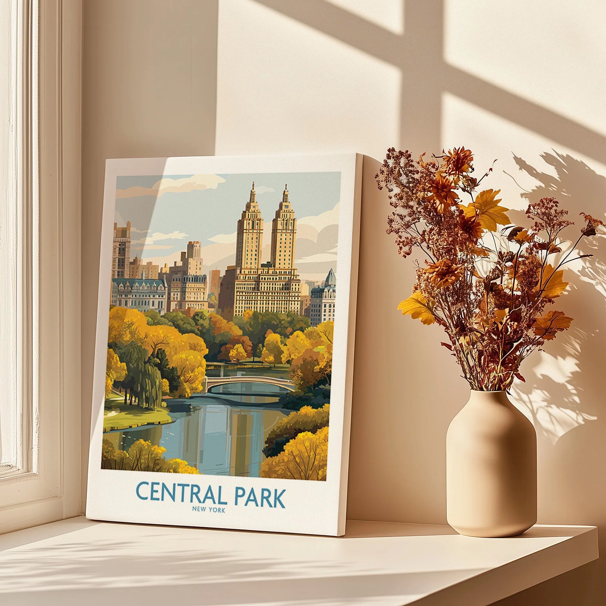 Central Park New York travel poster canvas print on sunny windowsill with autumn flowers in vase