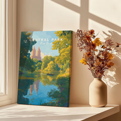 Central Park New York art print on windowsill with vase of dried flowers and sunlight shadows