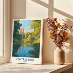 Central Park New York wall art print on windowsill with vase of dried flowers and sunlight