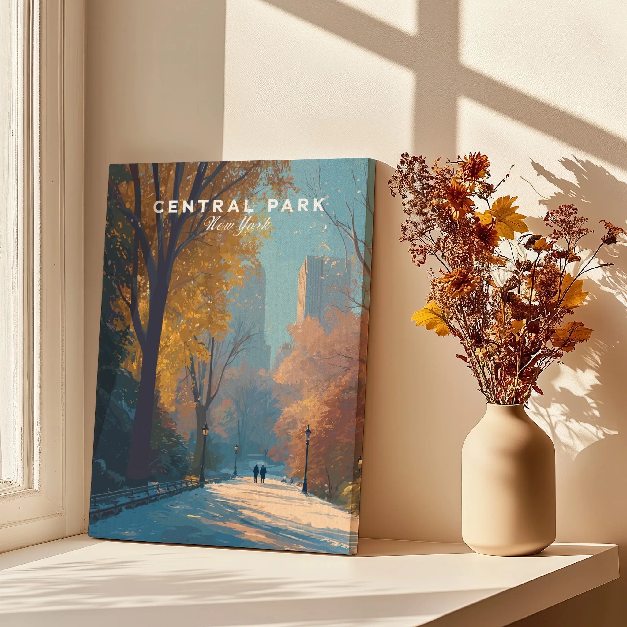 Central Park New York canvas print with autumn trees, window light, and vase of dried flowers