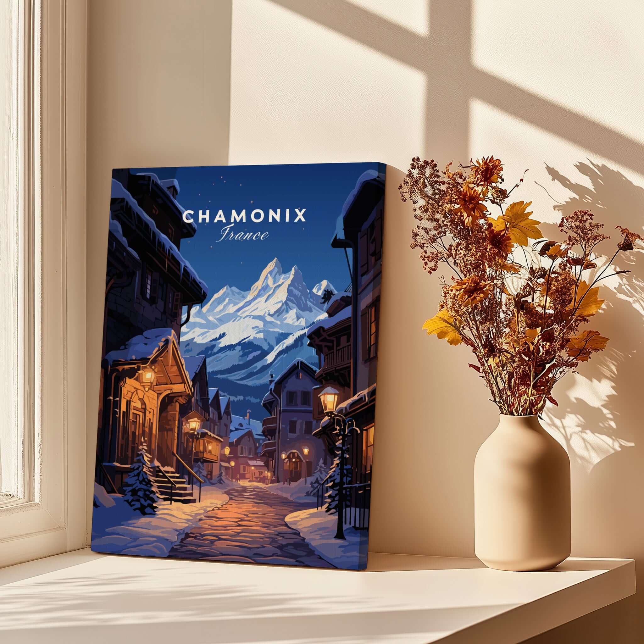 Chamonix Poster featuring a moonlit street view in Chamonix, France with vintage architectural charm.