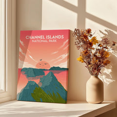 Channel Islands National Park print with sunset and ocean scenery on windowsill, vase of flowers nearby