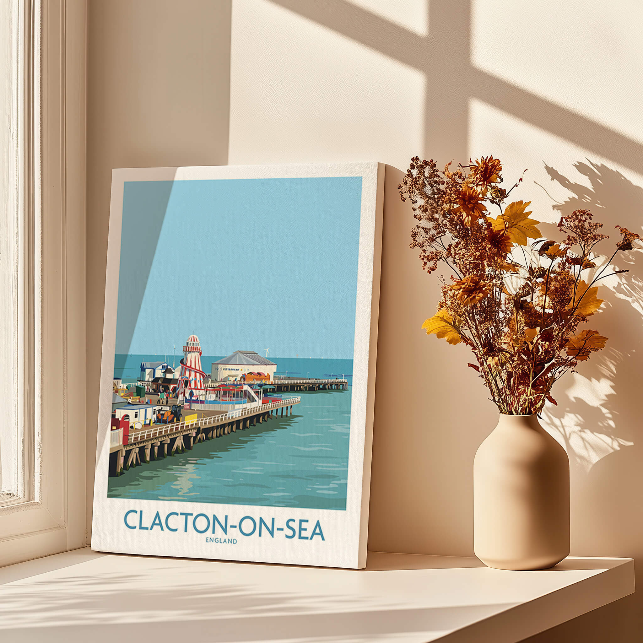 Clacton-on-Sea England Wall Art – British Seaside Decor featuring the iconic pier and seaside.