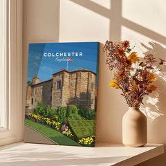 Colchester England canvas print on windowsill with vase of dried flowers and sunlight