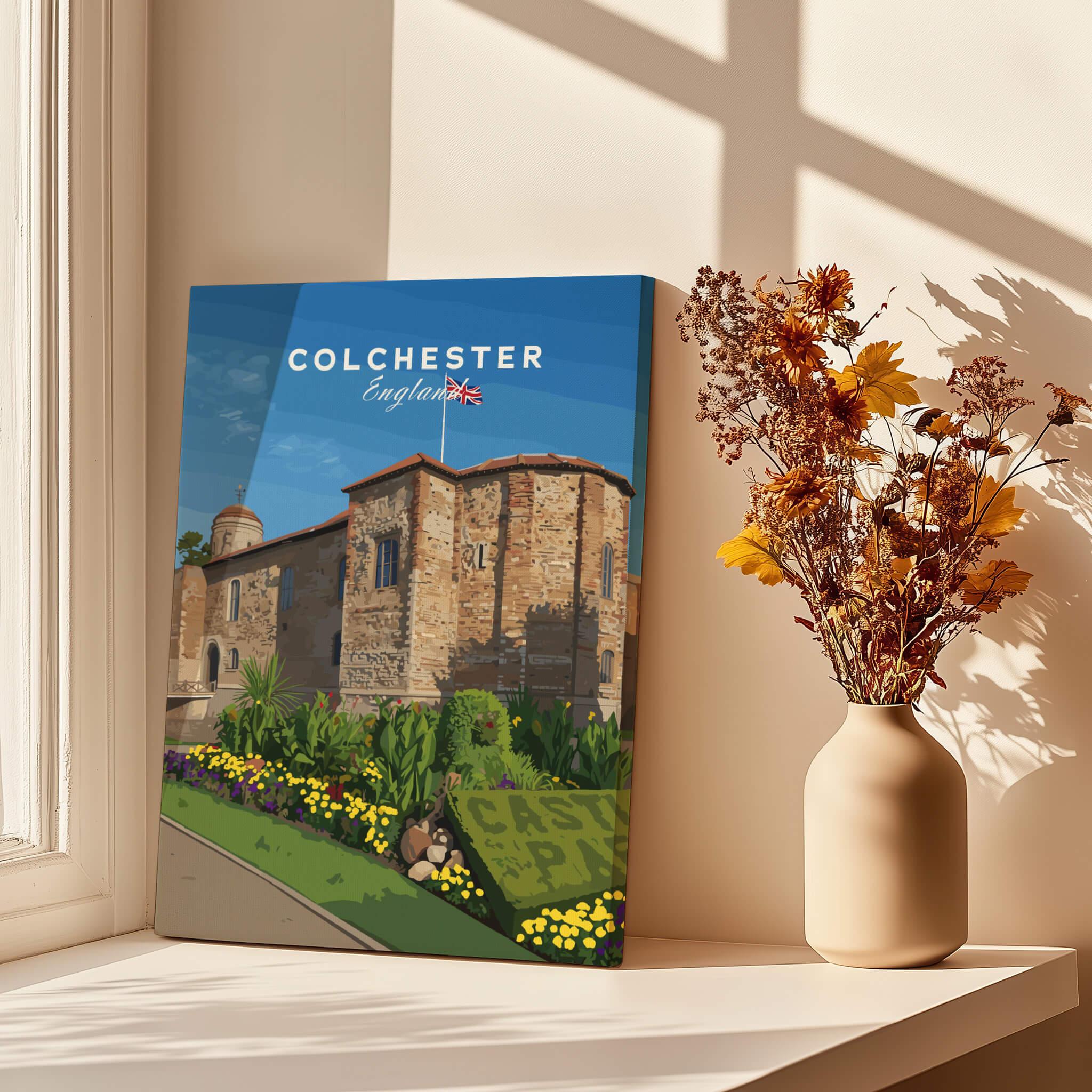 Colchester England canvas print on windowsill with vase of dried flowers and sunlight
